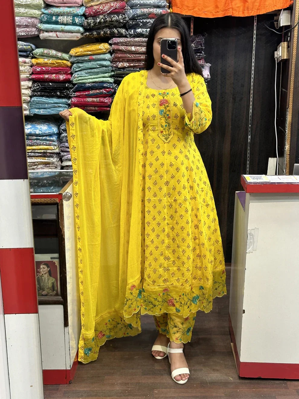 Yellow Printed Pure Cotton Embroided Anarkali Suit