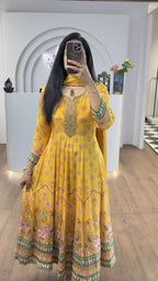 Yellow Floral Handworked Anarkali With Straight Pants
