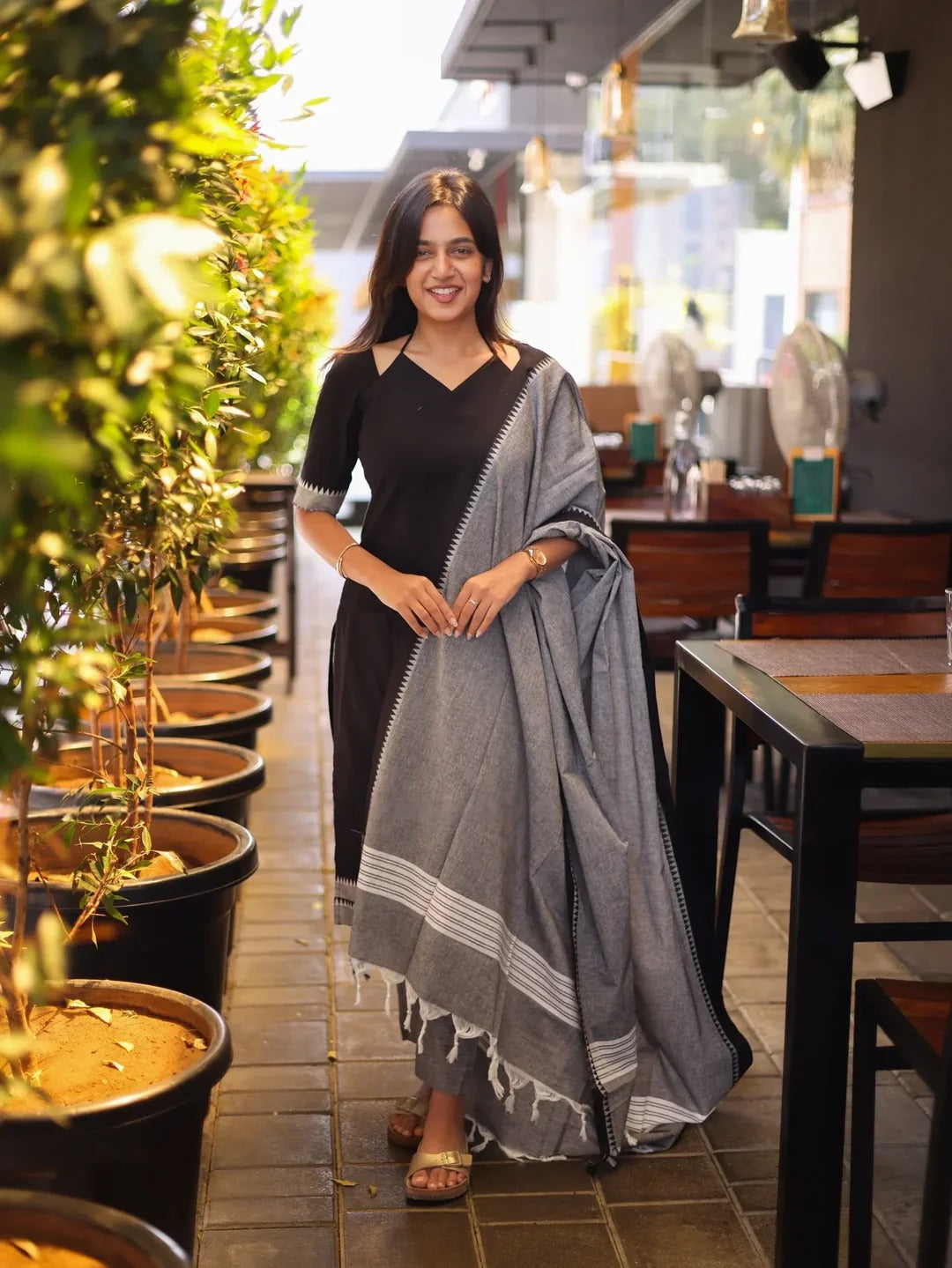 Black with White & Grey Cotton Kadhambari Set