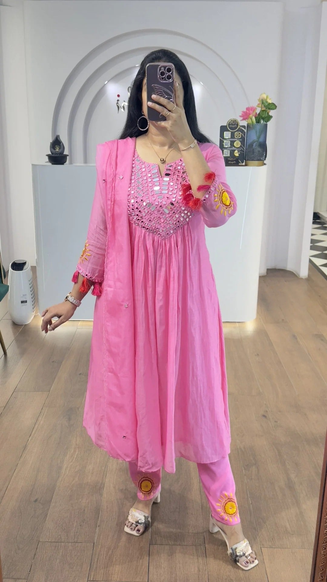 Pink Mul Chanderi Mirrors Handwork Suit Set