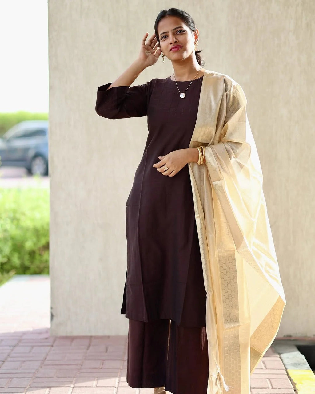 Brown Silk Cotton Co-Ord Set With A Beige Shawl