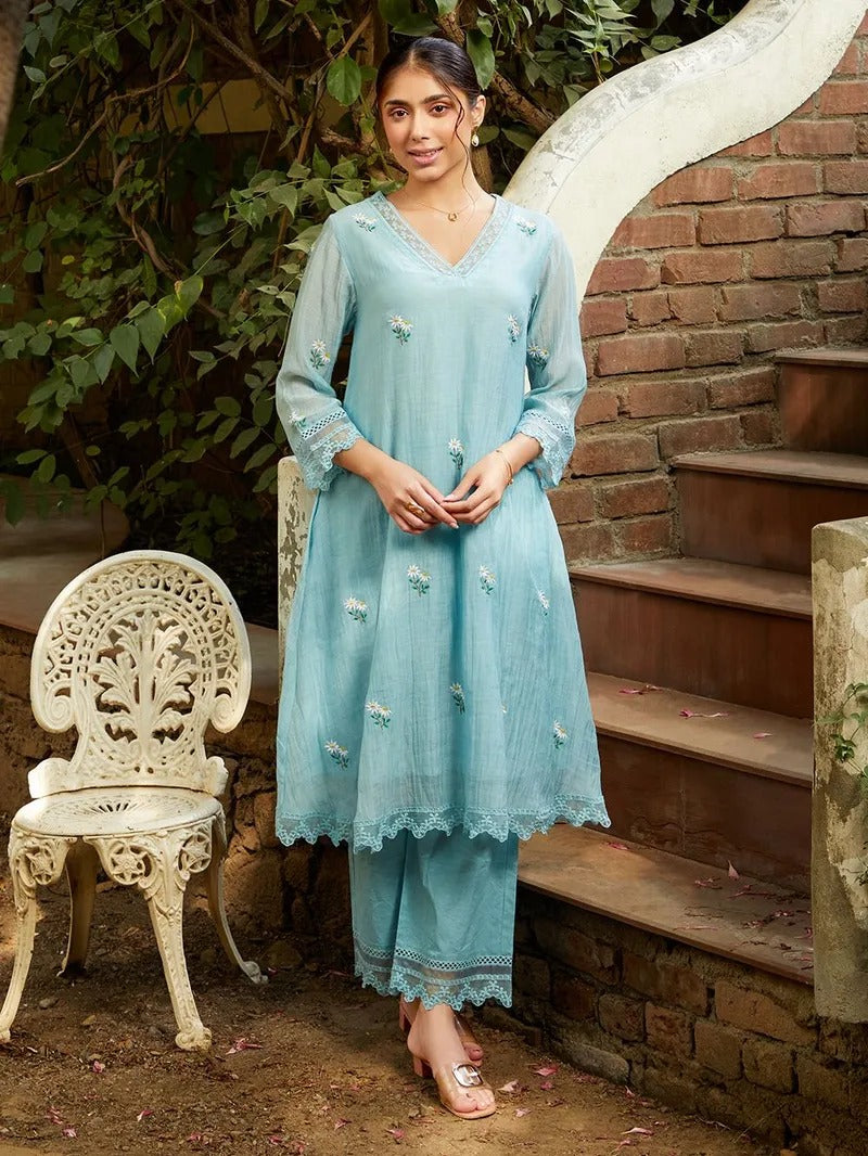 Powder Blue Embroidered Chanderi Kurta