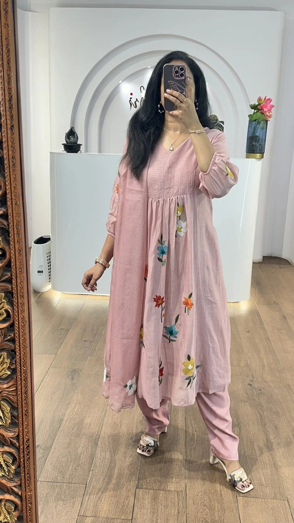 Salmon Pink MulChanderi Handworked Suit Set