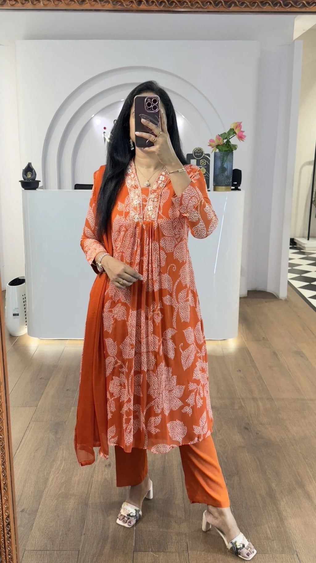 Orange Bandhej Chinnon Aline Suit Set