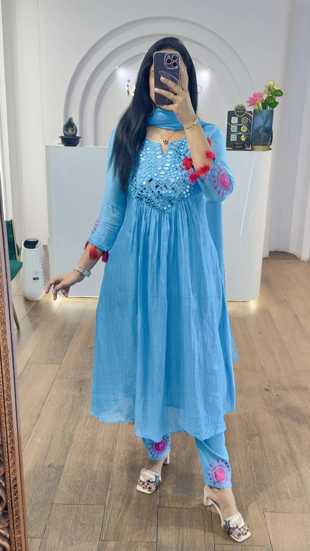 Sky Blue Mul Chanderi Mirrors Handwork Suit Set