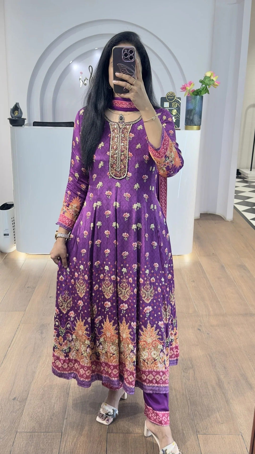 Purple Floral Handworked Anarkali With Straight Pants