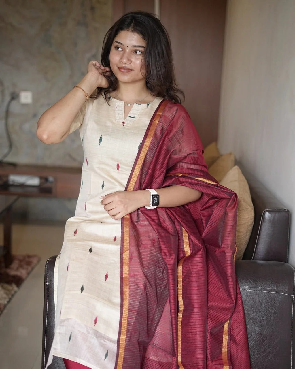 Tussar Silk Kurti With Double Colour Diamond Butta With Dupatta