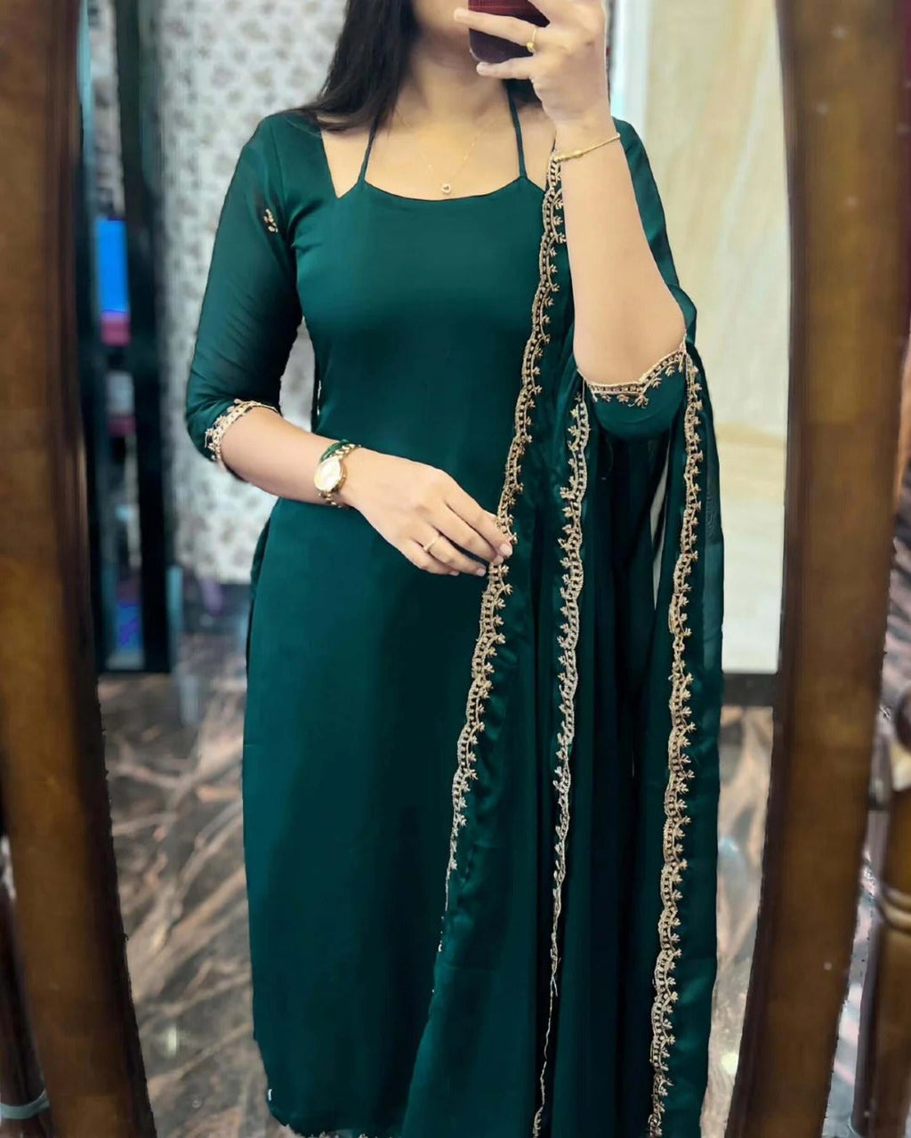 DARK GREEN GEORGETTE STRAIGHT CUT KURTI WITH LINING AND DUPPATTA SET