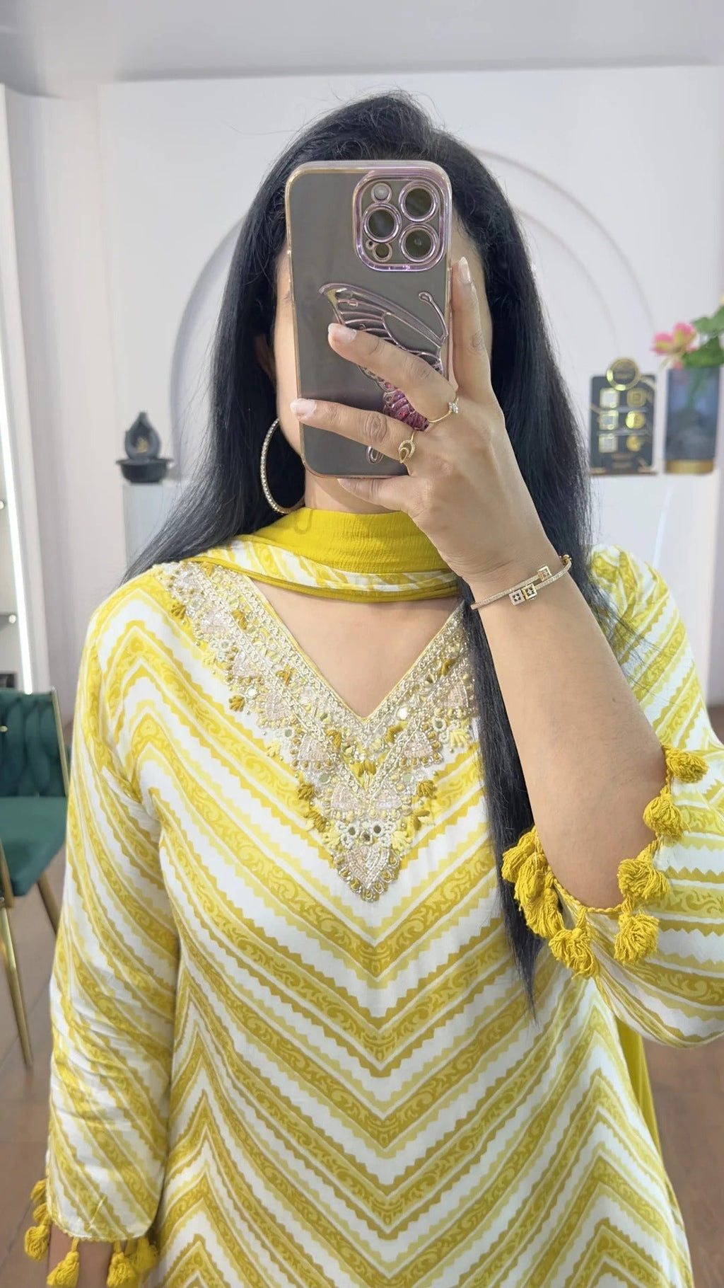 Yellow Zig Zag Printed Handwork HighLow Kurti