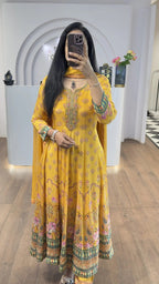 Yellow Floral Handworked Anarkali With Straight Pants