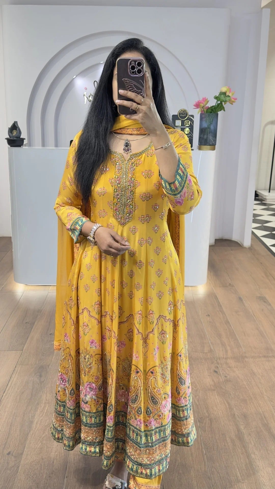 Yellow Floral Handworked Anarkali With Straight Pants