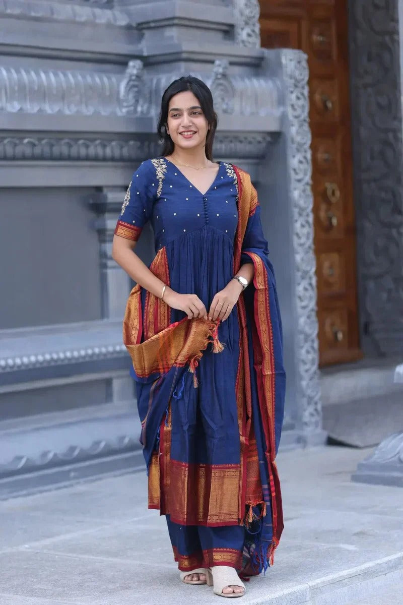 Basude Handloom Suit Set in Blue