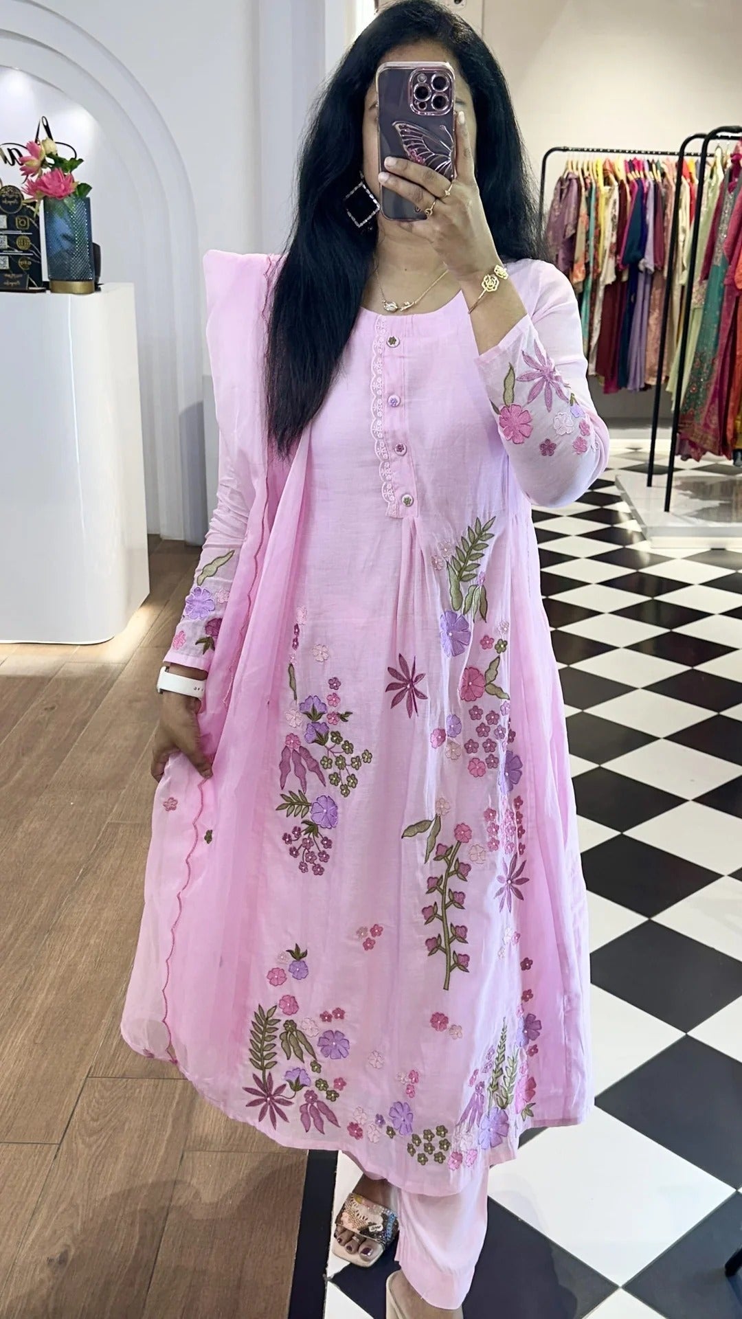 Baby Pink Mul Chanderi Embroidered Suit Set