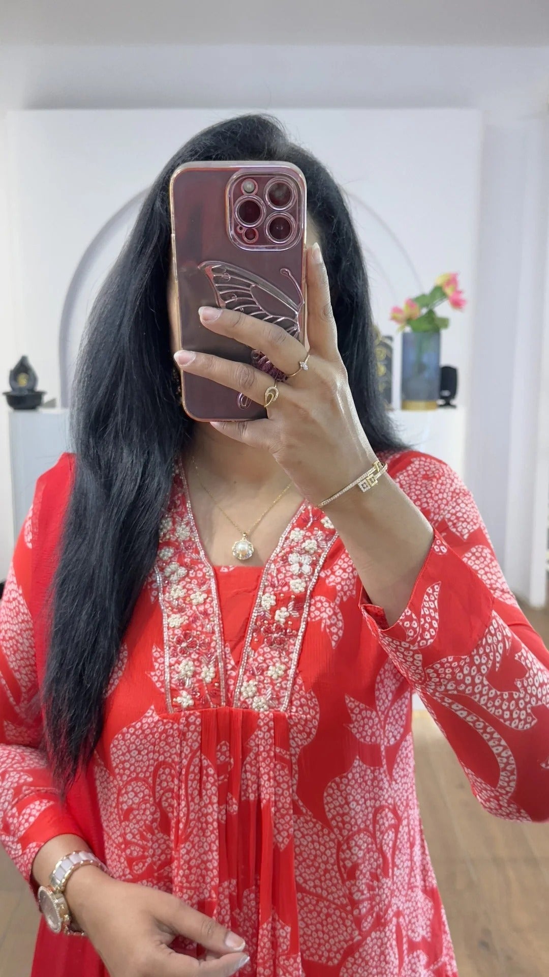 Red Bandhej Chinnon Aline Suit Set