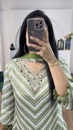 Green Zig Zag Printed Handwork HighLow Kurti