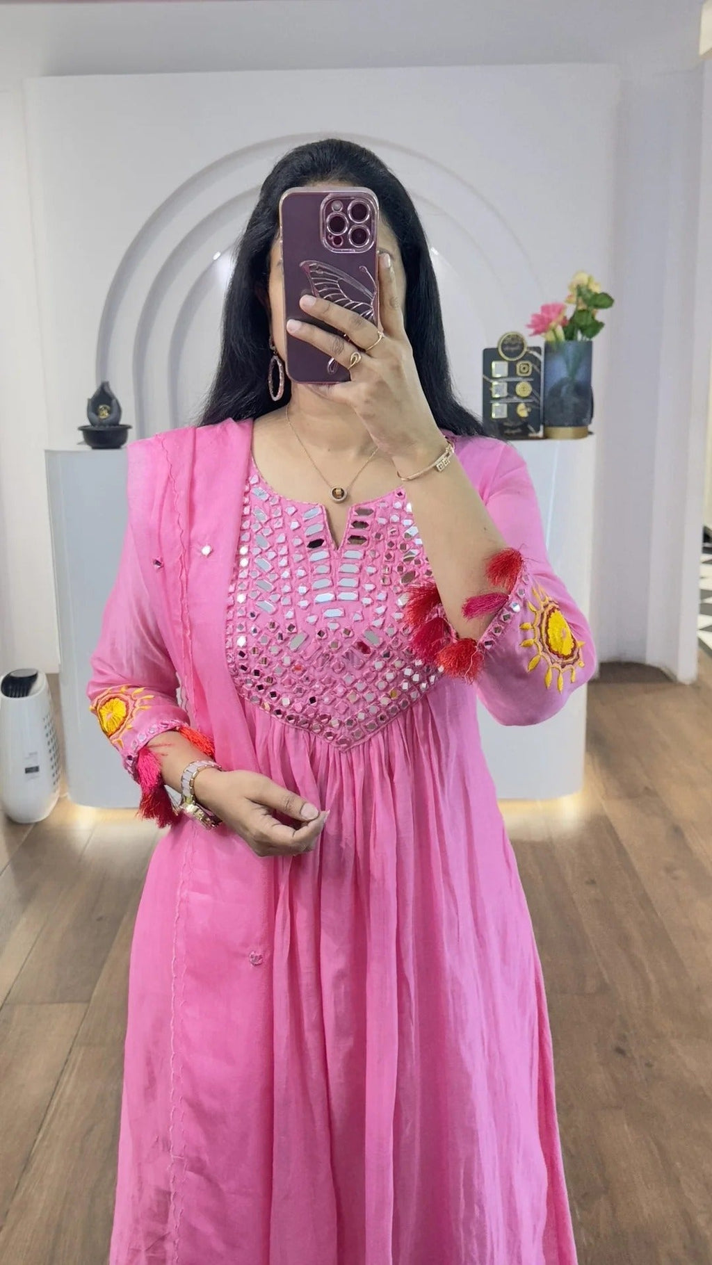 Pink Mul Chanderi Mirrors Handwork Suit Set