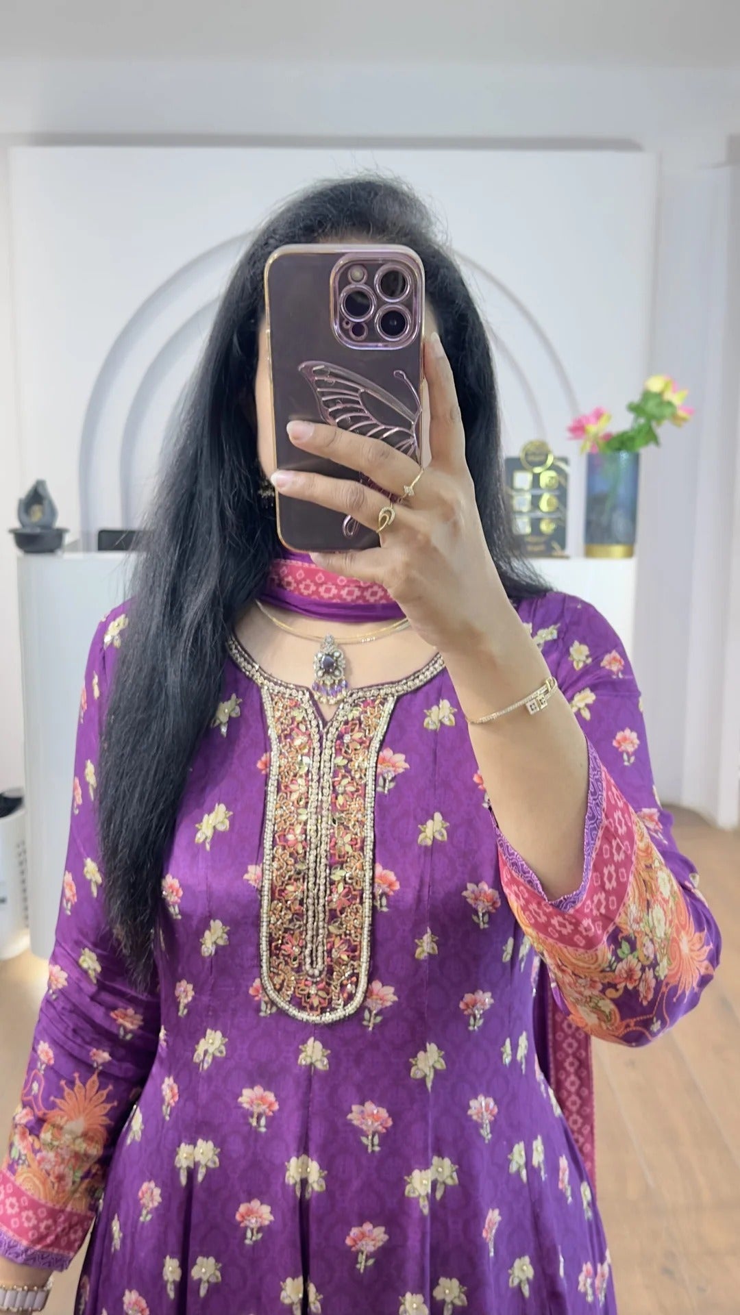 Purple Floral Handworked Anarkali With Straight Pants