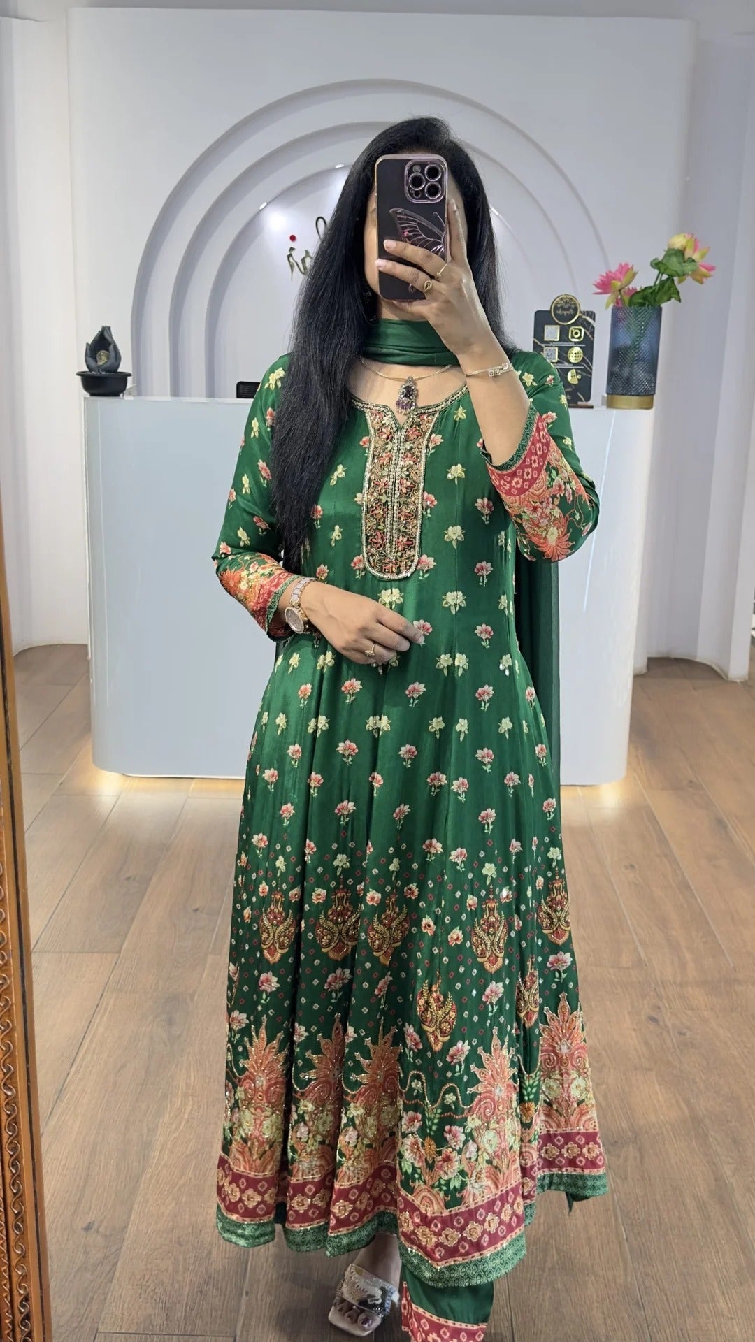 Green Floral Handworked Anarkali With Straight Pants