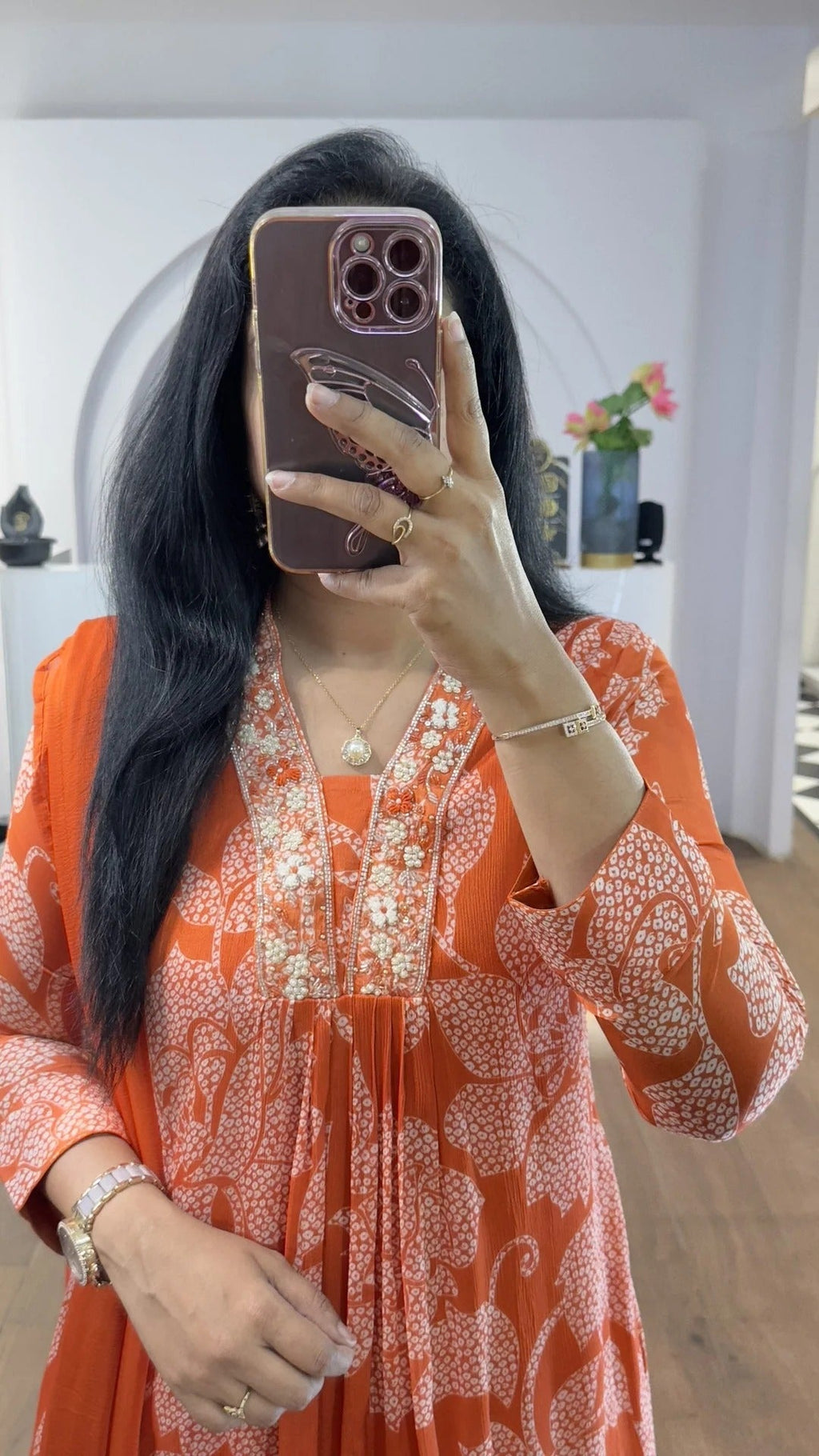 Orange Bandhej Chinnon Aline Suit Set