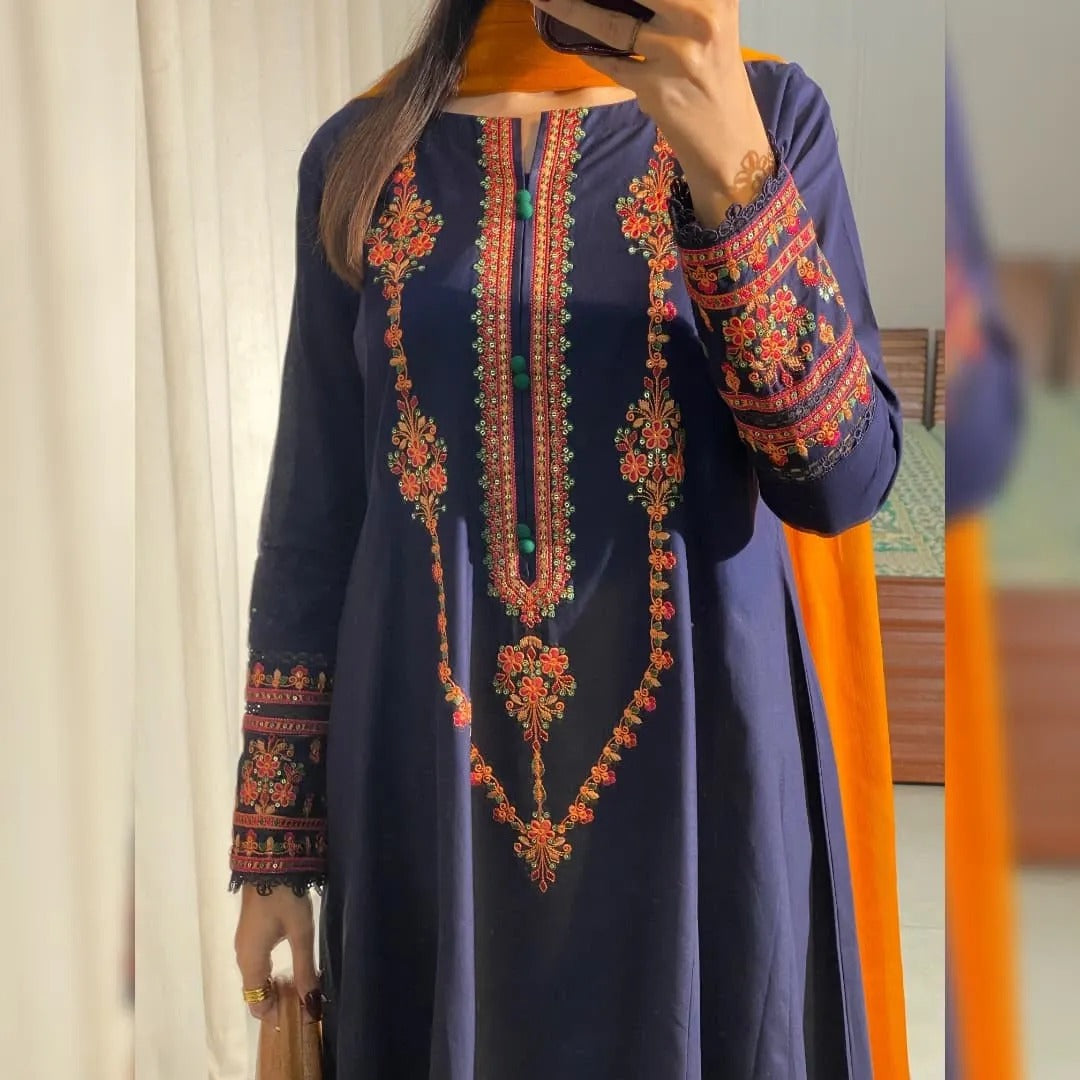 Navy Blue Embroidered frock 3PC