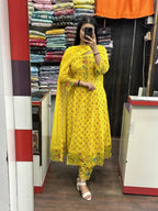 Yellow Printed Pure Cotton Embroided Anarkali Suit
