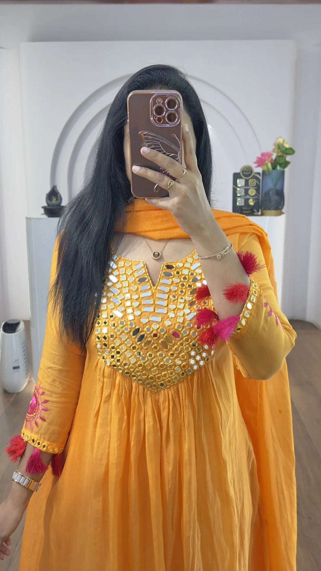 Orange Mul Chanderi Mirrors Handwork Suit Set