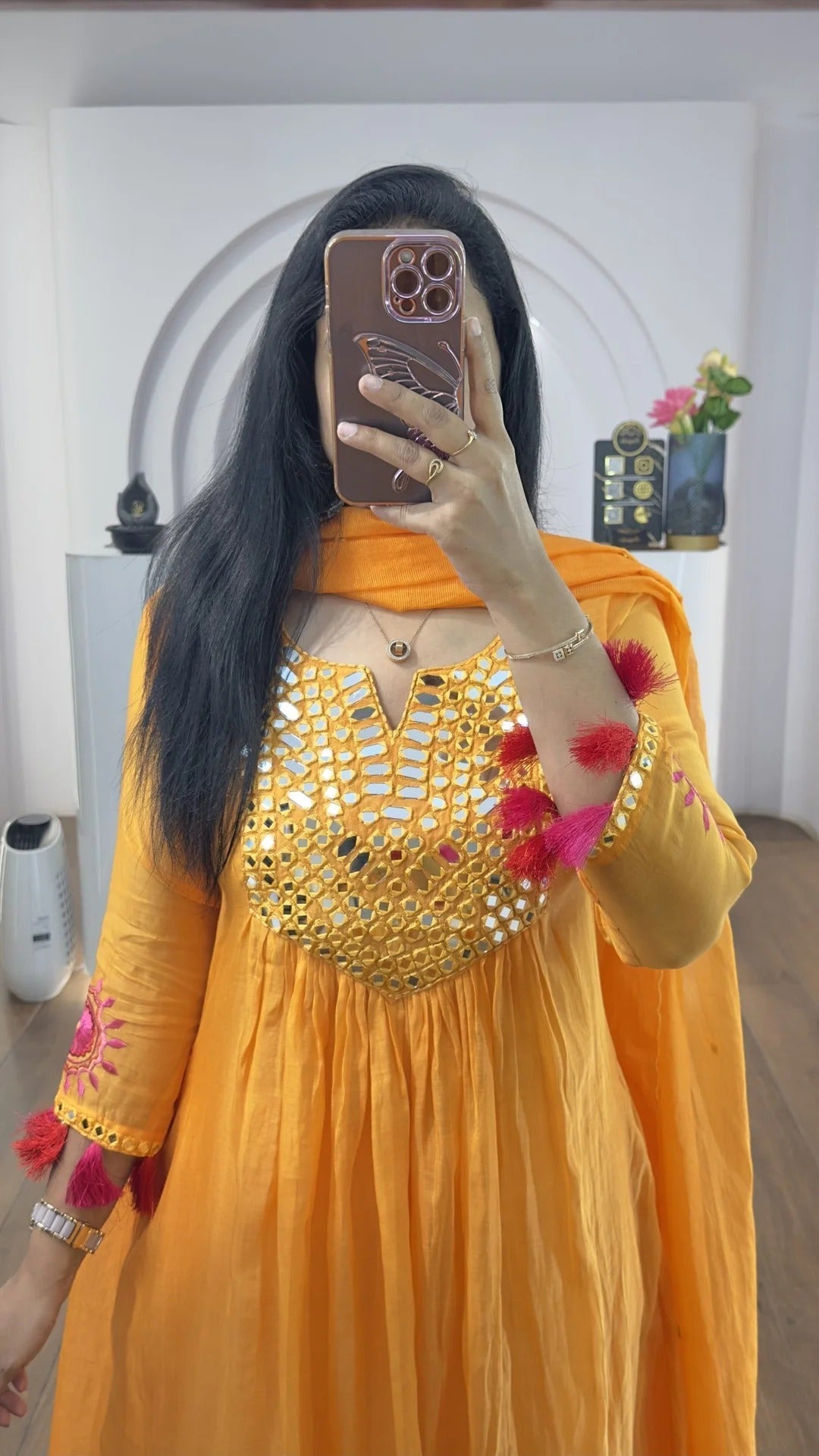 Orange Mul Chanderi Mirrors Handwork Suit Set