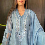 Fatimah Powder Blue Mirror Embroidered A-Line Dress Suit
