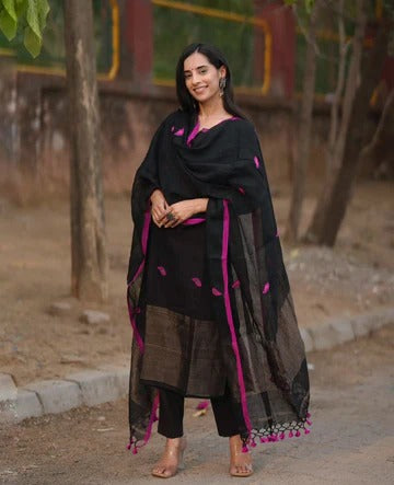 Black Linen Full Kurta Set