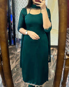DARK GREEN GEORGETTE STRAIGHT CUT KURTI WITH LINING AND DUPPATTA SET