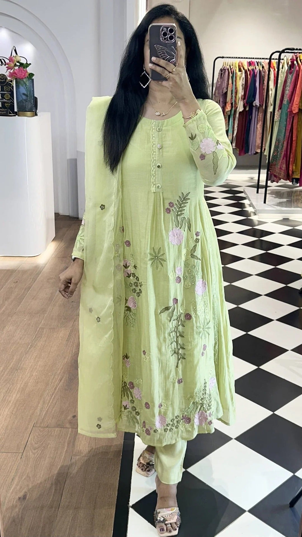 Light Green Mul Chanderi Embroidered Suit Set