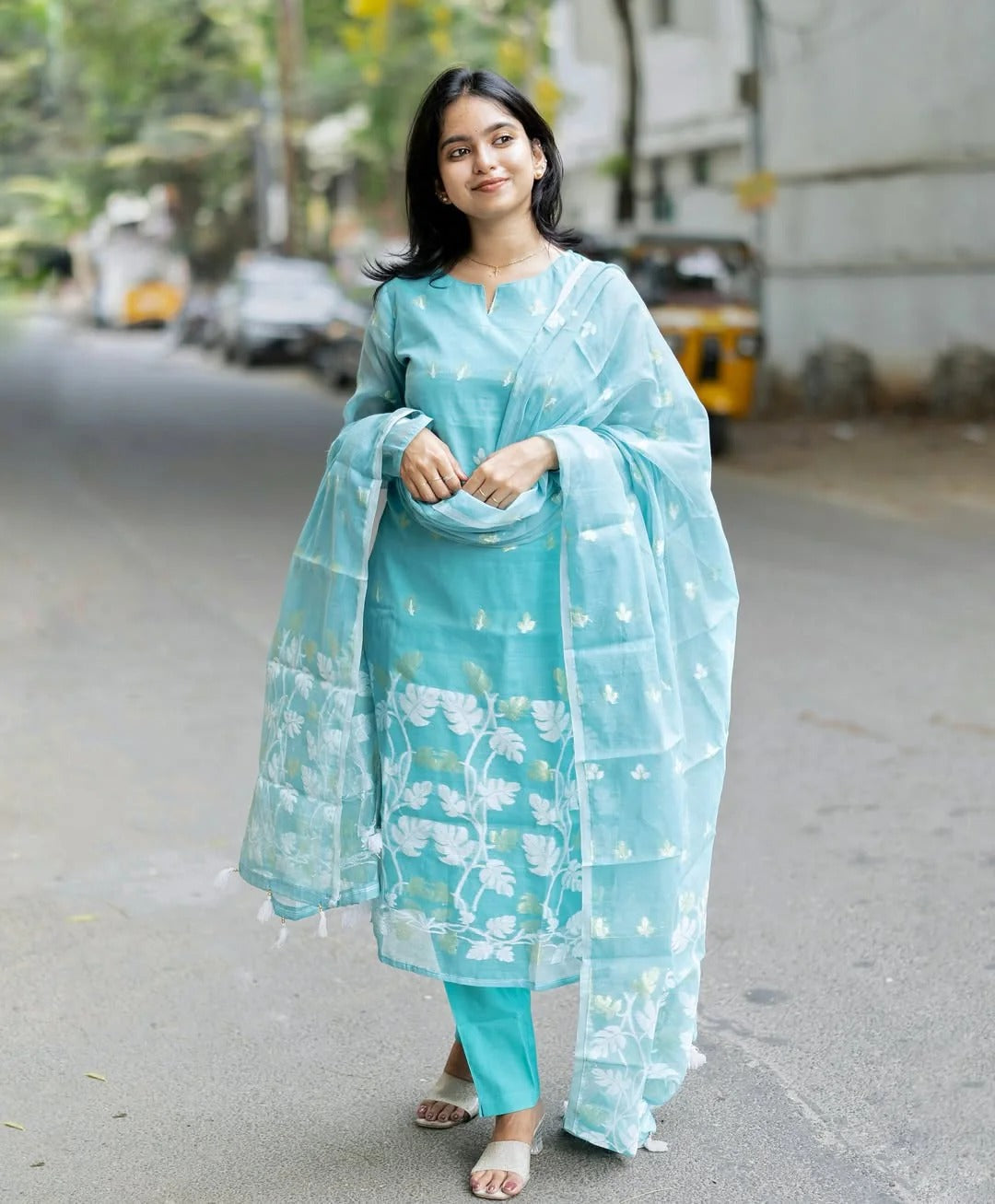 Jamdani Suit Set Paired With Soft Cotton Pants And Stunning Jamdani Dupatta