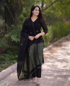 Black Linen Jamdani Banasri Kurta Set