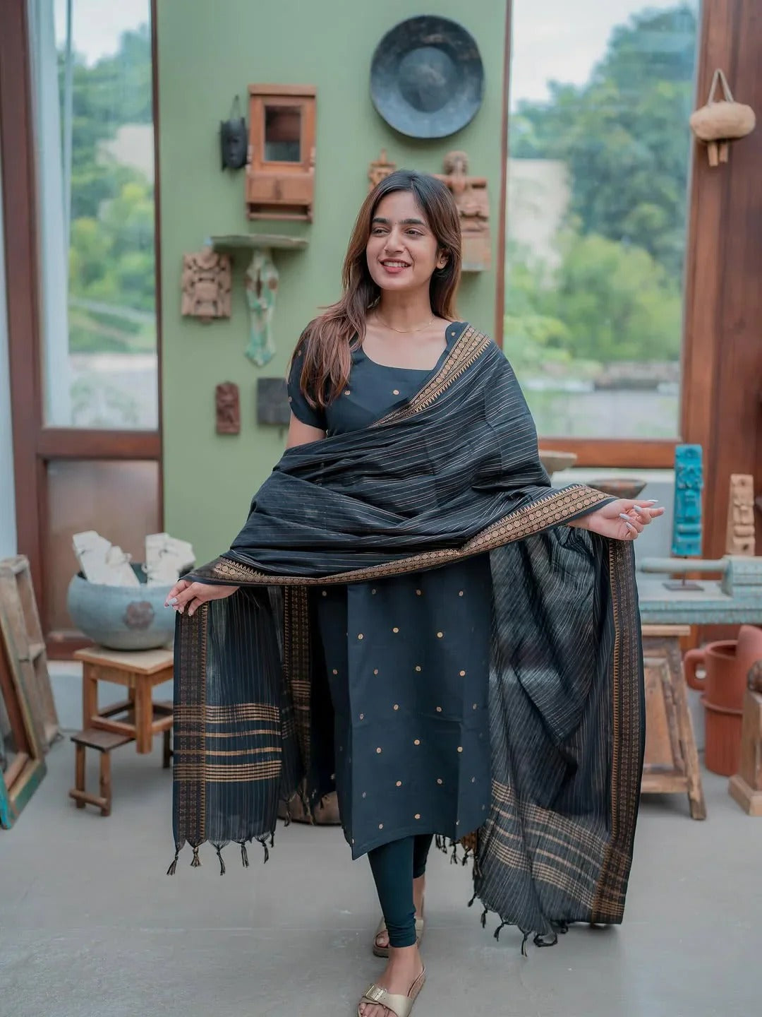 BLACK PURE COTTON KURTI WITH DUPATTA