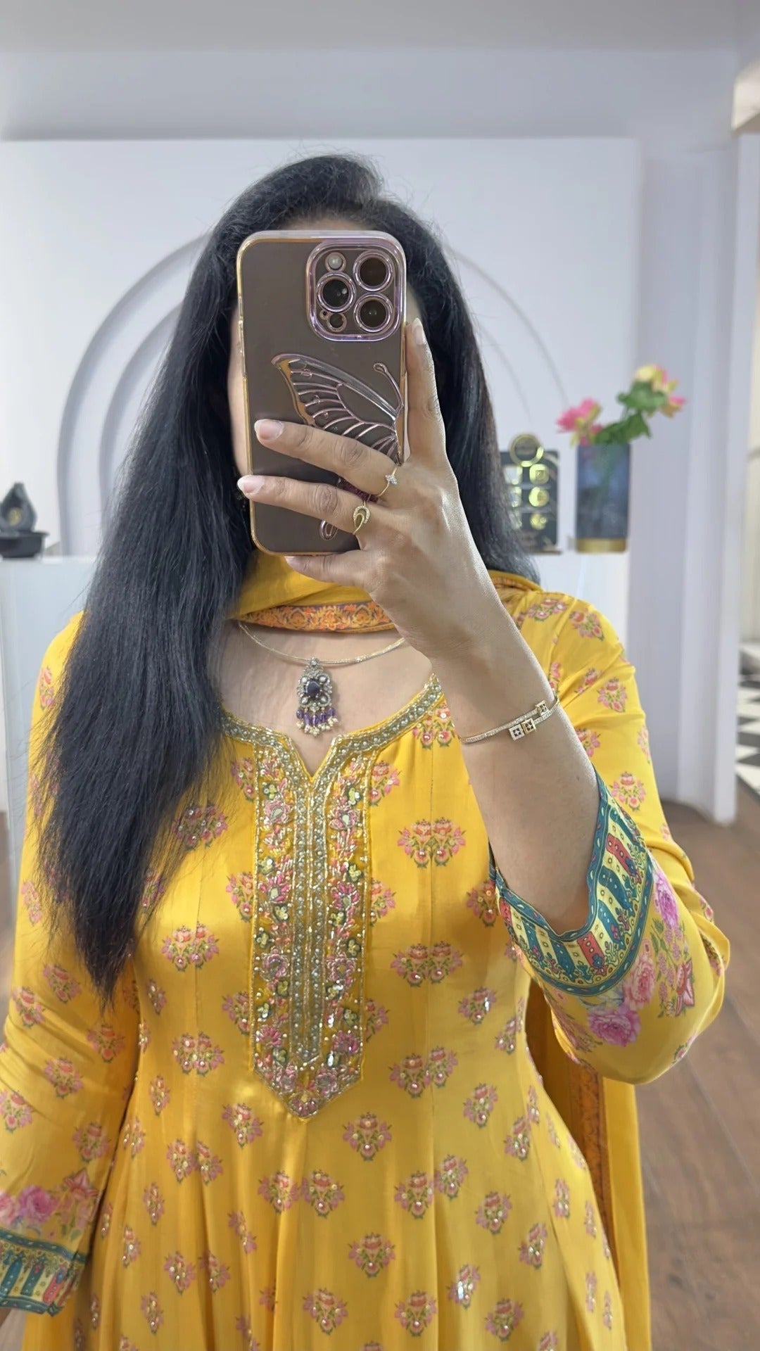 Yellow Floral Handworked Anarkali With Straight Pants