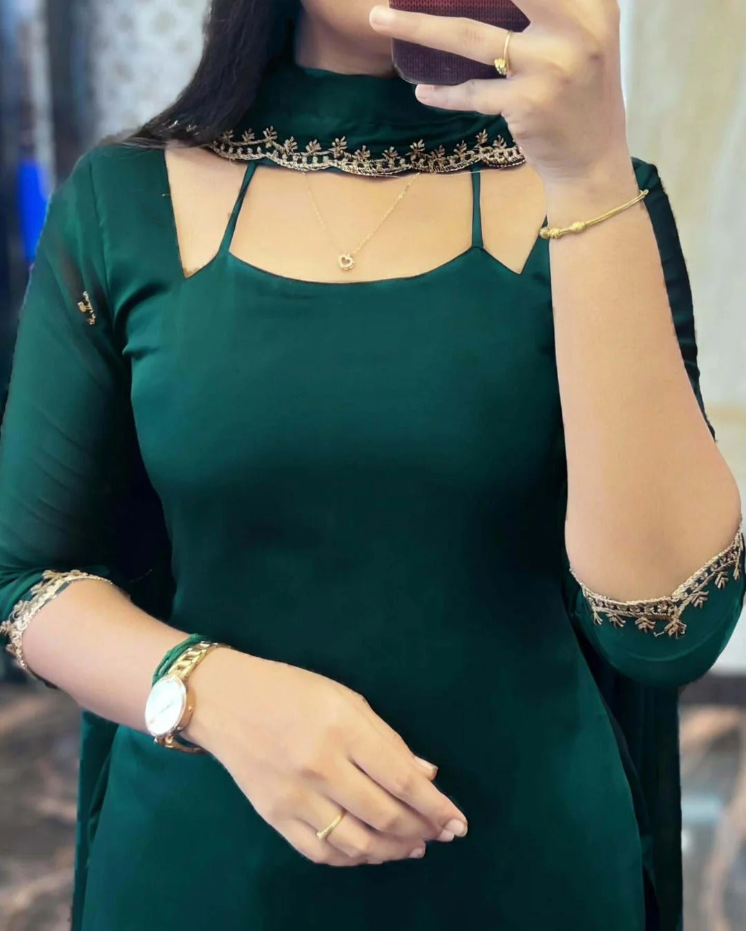 DARK GREEN GEORGETTE STRAIGHT CUT KURTI WITH LINING AND DUPPATTA SET