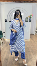 Blue Zig Zag Printed Handwork HighLow Kurti