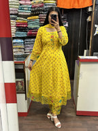 Yellow Printed Pure Cotton Embroided Anarkali Suit