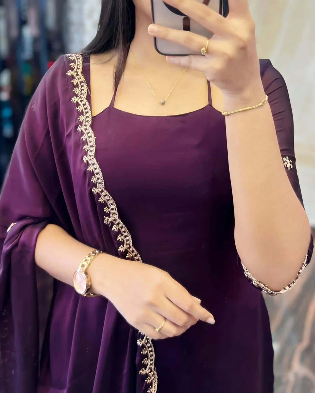 Petal Grace Cotton SuitaDARK PURPLE GEORGETTE STRAIGHT CUT KURTI WITH LINING AND DUPPATTA SET