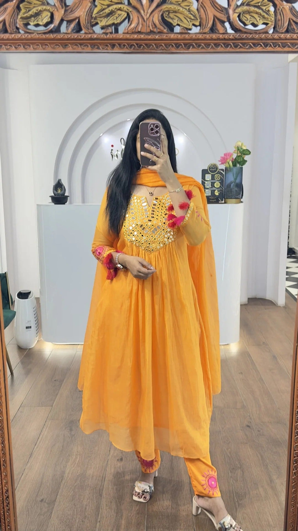 Orange Mul Chanderi Mirrors Handwork Suit Set