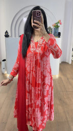 Red Bandhej Chinnon Aline Suit Set