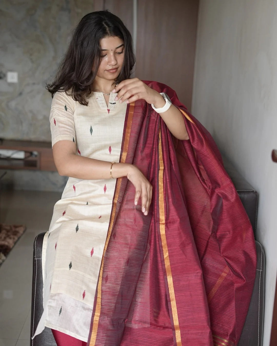 Tussar Silk Kurti With Double Colour Diamond Butta With Dupatta