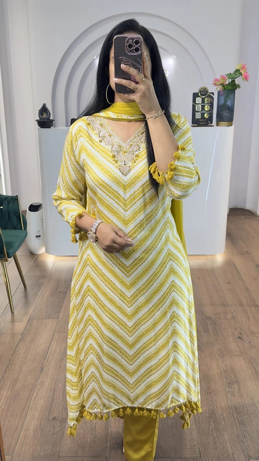 Yellow Zig Zag Printed Handwork HighLow Kurti