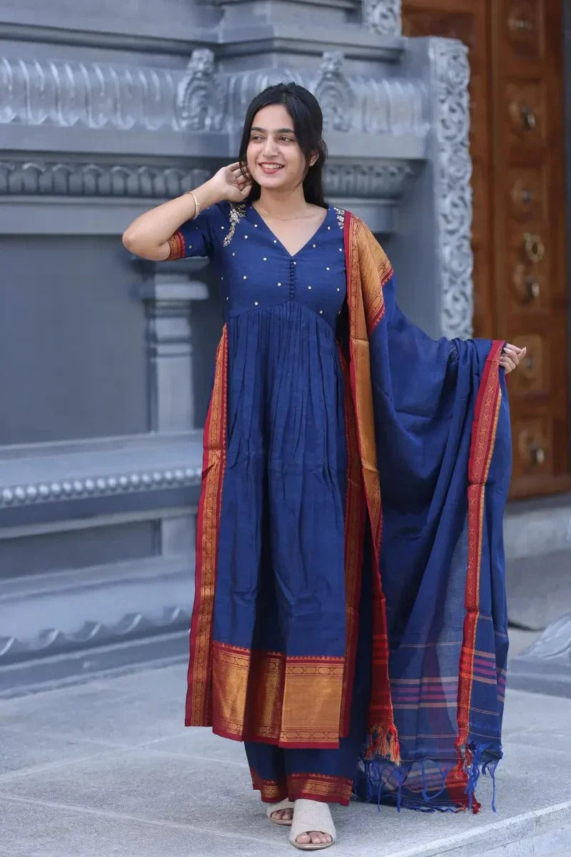 Basude Handloom Suit Set in Blue