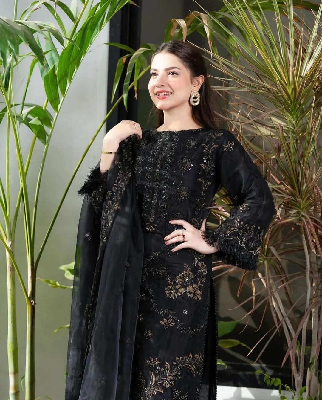 Black Three Piece Stitched Lawn Chikankari Suit