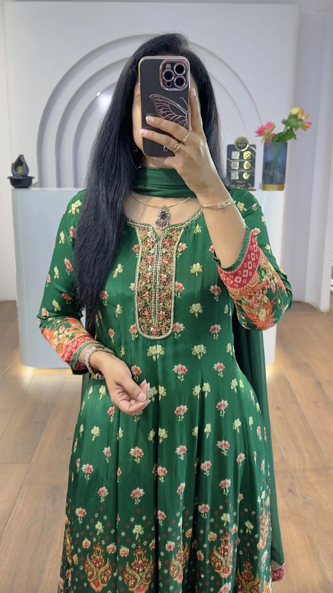 Green Floral Handworked Anarkali With Straight Pants