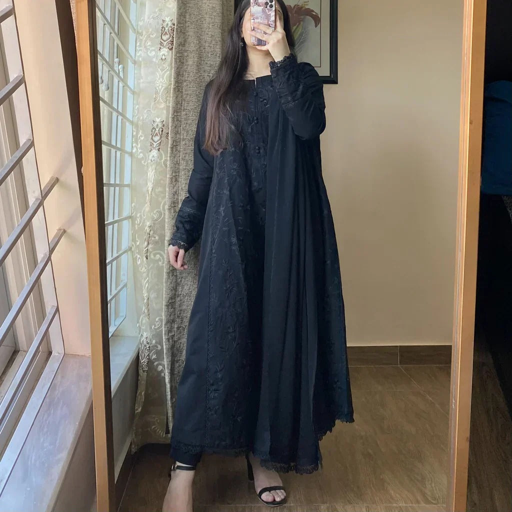 Black Self Embroidered