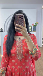 Red Floral Handworked Anarkali With Straight Pants
