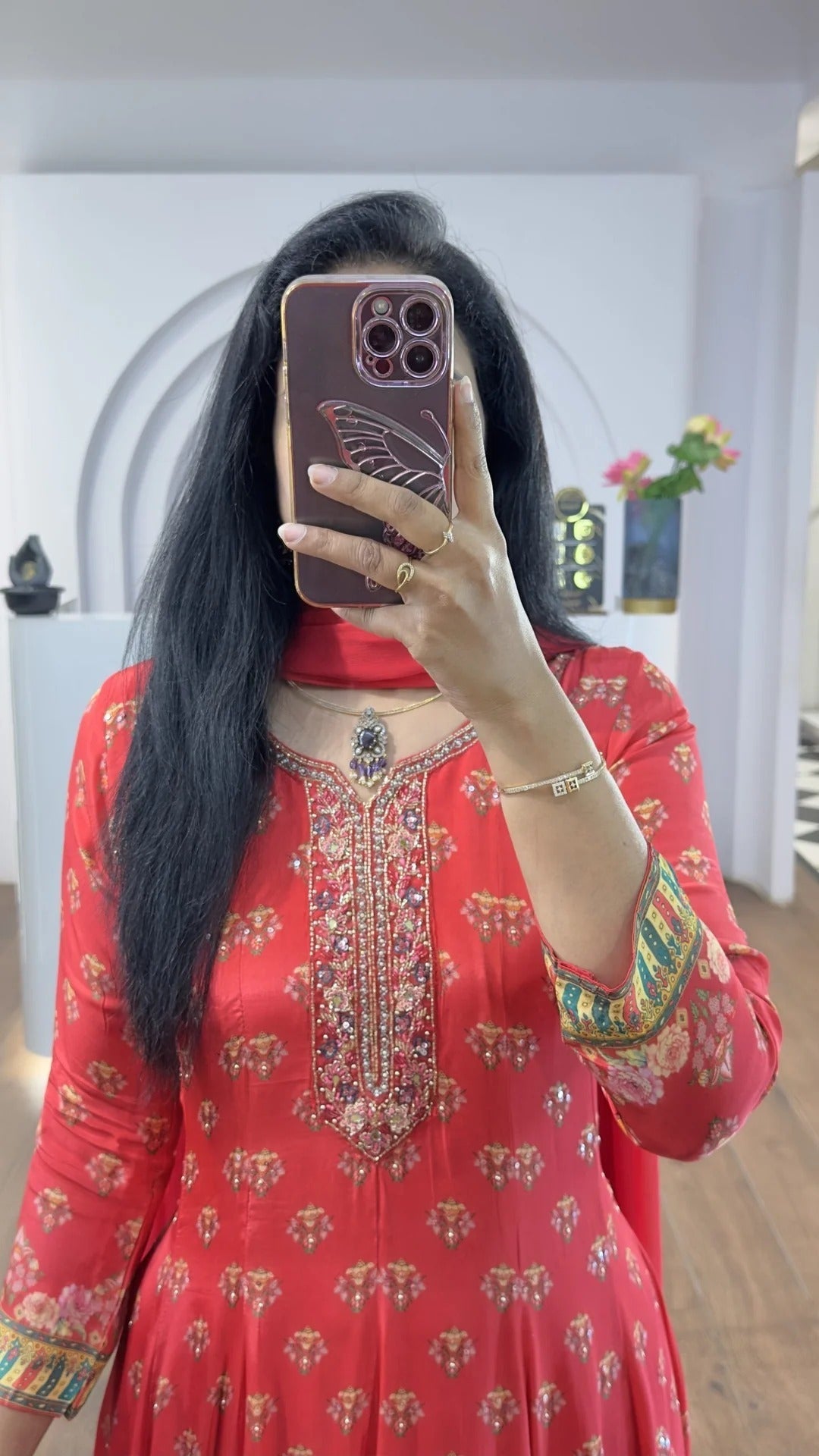 Red Floral Handworked Anarkali With Straight Pants