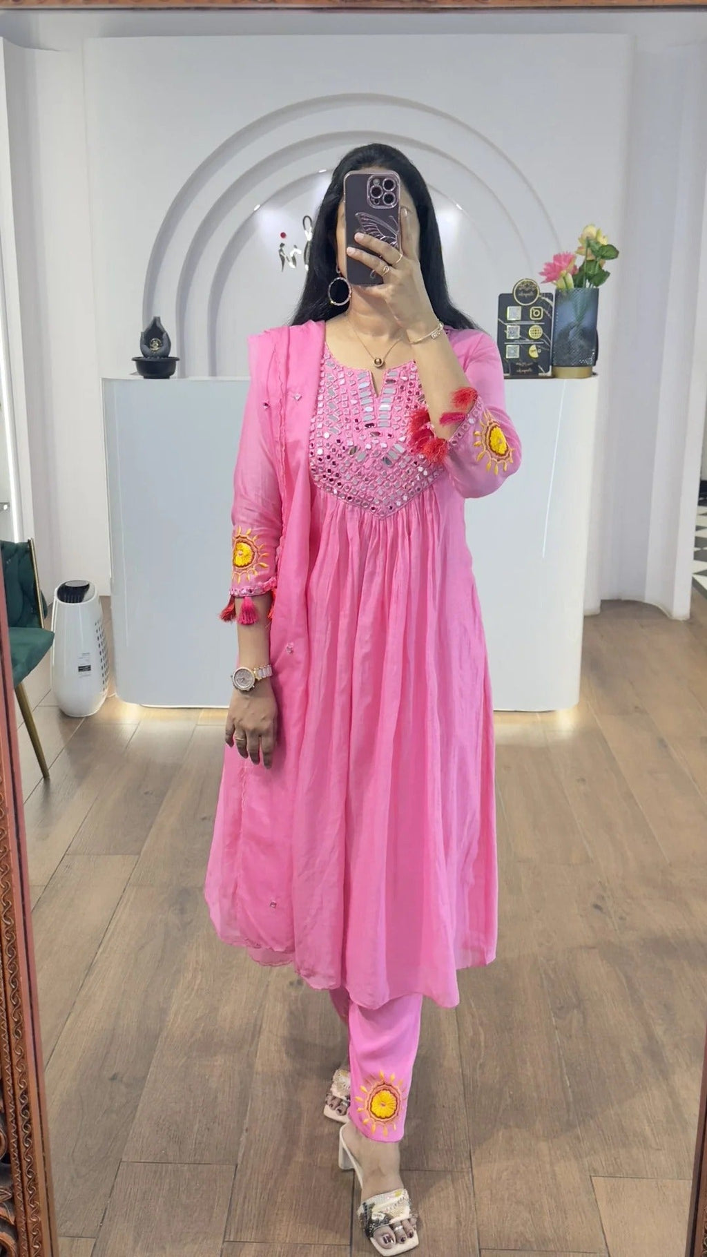 Pink Mul Chanderi Mirrors Handwork Suit Set